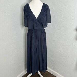 Free People Navy Blue Embroidered Maxi‎ Dress Flutter Sleeve Wrap Front